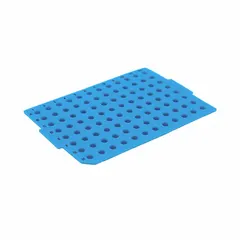 This blue silicone sealing mat is designed for 96-well plates, featuring a 5.51 mm well opening size and a non-vented, pre-slit configuration. It provides an airtight seal to minimize evaporation, sample loss, and contamination during storage or incubation in laboratory workflows.