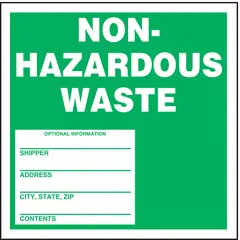 White label with 'Non-Hazardous Waste' message and space for optional information. Measures 6 in x 6 in, sold in packs of 100. Used for marking containers of non-hazardous waste in industrial and manufacturing settings.