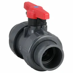 PVC ball valve with socket and female NPT ends for on/off or flow control in PVC piping systems. Locking tee handle secures valve position. Rated for 235 psi CWP. Suitable for water, chemical, and irrigation applications.