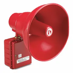30 W tone alarm for indoor/outdoor use, operating on 24V DC. Red housing. Provides audible signaling in industrial environments such as factories, warehouses, and process plants for alarms, warnings, or shift changes.