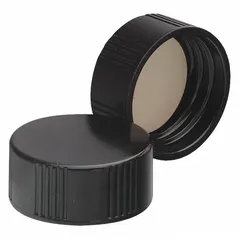 Black phenolic screw cap with rubber liner, designed for 24-400 mm closure size. Autoclavable for sterile applications. Suitable for sealing laboratory containers in pharmaceutical, chemical, and research settings.