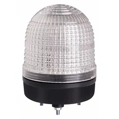 LED warning light with clear lens, operating voltage 90 to 240V. Overall height 4 1/2 in, diameter 3 3/8 in, threaded mount. Used for visual signaling in industrial environments such as machinery status indication or safety alerts.