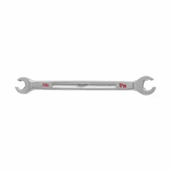 This SAE double-end flare nut wrench features 6-point standard heads in 3/8 in and 7/16 in sizes. Constructed from chrome vanadium steel with a chrome finish, it is designed for tightening or loosening flare nuts on plumbing, refrigeration, and hydraulic lines.