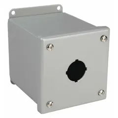 The WIEGMANN PBXD1 is a NEMA 4-rated enclosure for housing a single 30mm push button operator. Constructed from carbon steel, it is designed for washdown and corrosion-resistant environments. Suitable for industrial control applications requiring protection against moisture and corrosive elements.