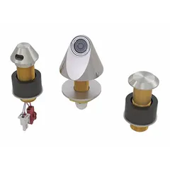Widespread brass faucet with chrome finish. Plug-in 9V DC power. Motion sensor for touch-free operation. Single tempered water supply line. For commercial restroom applications.