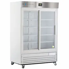 This upright lab refrigerator provides 47 cubic feet of storage capacity with a temperature range of 1°C to 10°C. It features a sliding glass door, white finish, and uses R-290 refrigerant. A temperature alarm is included to monitor conditions. Suitable for general purpose storage of temperature-sensitive materials in laboratory environments.