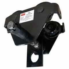 This push trolley mounts a hoist on a flat beam, allowing manual movement of loads up to 6000 lb. It fits beam flange widths from 4 to 8 inches. The cast iron frame provides structural support for overhead lifting applications in industrial settings.