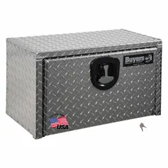 Single drop-down door box for underbody truck mounting. Silver finish with keyed lock. Suitable for securing tools, parts, and equipment on service vehicles, field maintenance trucks, and construction fleets.