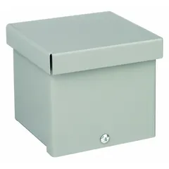 WIEGMANN steel enclosure measuring 4 in x 4 in x 4 in with a NEMA 3R rating. Features a solid painted cover secured with screws and includes knockouts for cable entry. Suitable for protecting electrical connections and controls in outdoor or damp locations.