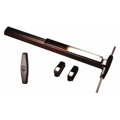 This surface vertical rod push bar is constructed of bronze and features a touchbar and night latch. Designed for doors up to 3 ft wide, it provides emergency egress for commercial buildings such as schools, offices, and retail spaces.