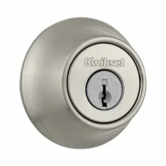 Standard cylindrical deadbolt with satin nickel-plated finish, designed for door thicknesses up to 1 3/4 in. Features a conventional core cylinder with Kwikset KW1 keyway and includes the core. Suitable for exterior doors requiring keyed entry from outside and thumb turn inside.