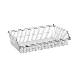 This steel basket attaches to wire shelving to contain small items that might fall through standard shelf openings. It measures 24 inches long, 18 inches wide, and 9 inches deep, with a chrome finish and silver appearance. Suitable for organizing supplies in commercial kitchens, warehouses, and retail storage areas.