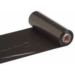 Black resin ribbon for thermal transfer printing, solvent-resistant and UL Recognized. Compatible with THT 1" Core Printers and BBP12 printer series. Used for durable labels in industrial marking and identification applications.