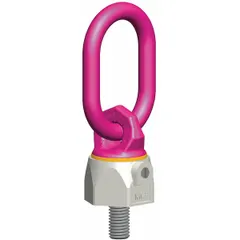 This rotate-under-load hoist ring is designed for lifting operations where the load must rotate freely under tension. Constructed with a steel body and a pink powder-coated bail, it features a 1/2"-13 thread size and a maximum capacity of 1,320 lb. The pivot/swivel design reduces stress on the attachment point during lifting.