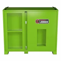This jobsite cabinet provides 61.45 cu ft of storage space for personal protective equipment and tools. It measures 30 inches wide, 72 inches deep, and 60 inches high, with a green finish. The cabinet features a proprietary recessed padlock for secure storage on construction or industrial sites
