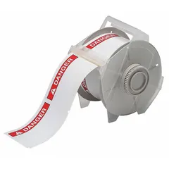 Vinyl label roll with DANGER header, supplied in two sizes: 2 1/4 in x 3 1/4 in and 3 1/4 in x 2 1/4 in. Acrylic adhesive ensures secure bonding. Compatible with GlobalMark printer series for on-demand printing. Used for hazard identification in industrial environments.