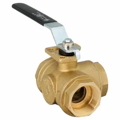 This 2-inch T-port brass ball valve features a T flow configuration with three FNPT connections. The lever handle operates the standard port ball port to direct or mix flow in plumbing systems. Suitable for water distribution and process piping where flow routing is required.