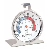 Analog thermometer for monitoring temperatures in refrigerators and freezers. Features a 2 in dial, stainless steel case, glass lens, and hanger for easy placement. Metal-detectable design and NSF certified. Accuracy ±2 °F
