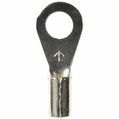 Non-insulated ring terminal for #8 studs, accepting 16 AWG to 14 AWG wire. Rated for 1000 V. Features brazed barrel and seam construction for reliable electrical connections. Suitable for use in control panels, power distribution, and equipment wiring.