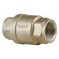 This inline disc check valve features a 316 stainless steel body with 3/8" FNPT x FNPT connections. It is designed to prevent backflow in piping systems, suitable for use in water, oil, gas, and chemical processing applications where corrosion resistance is required.