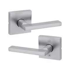 This storeroom lever lockset is designed for interior doors requiring keyed entry from outside and free egress from inside, suitable for commercial storage rooms, offices, and utility closets. It features a satin chromium-plated zinc finish with a rose style and is ADA compliant. The lockset meets ANSI function Hall (code F75) and is not ligature-resistant with no visual indicator.