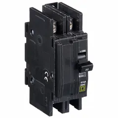The SQUARE D QOU250 is a 50 A, 2-pole miniature circuit breaker from the QOU Series, rated for 120/240V AC with a maximum interrupting rating of 10kA at 120/240V AC. It is a unit-mount, single-phase breaker intended for overcurrent protection in heating equipment.