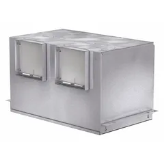 Square duct inline cabinet fan for horizontal or vertical discharge. Operates on 115V AC single-phase power with variable speed control. Includes adjustable mounting brackets. Suitable for ducted ventilation systems requiring 8 in x 8 in ductwork.