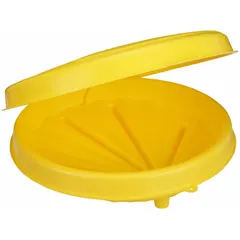 This yellow polyethylene drum funnel features a lockable lid to prevent spills and unauthorized access. It measures 21 1/2 inches by 7 inches and is designed for use with standard drum funnels. The funnel does not include a flame arrester and is suitable for transferring liquids into drums in industrial settings.