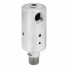 This rotating joint transfers media from a stationary supply line into rotating equipment such as drums, rolls, or spindles. It features a plain stainless steel body and a carbon graphite seal, rated for a maximum speed of 1000 rpm.
