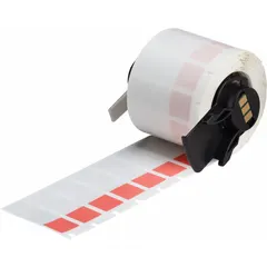 Red matte vinyl wraparound label roll for permanent wire and cable identification. Each label measures 1 1/2 in x 1/2 in and fits wire gauges from 10 AWG to 4 AWG. Compatible with M611 printer series using M61-R4310 ribbon. Used in electrical panels, machinery, and control systems for clear marking.