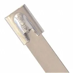 316 stainless steel cable tie with a 5-inch nominal length, 1-inch maximum bundle diameter, and 0.31-inch width. Features a ball lock locking style and silver finish. Suitable for bundling and securing wires, cables, or hoses in corrosive or outdoor environments. Pack of 10.