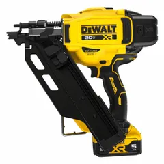 DEWALT DCN930P1 is a cordless framing nailer with 30° paper strip collation. It operates as a combination tool and includes one 5.0 Ah battery and one charger. This nailer is used for framing, sheathing, and decking applications in construction and renovation.