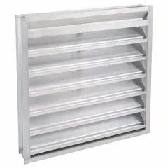 Combination damper and louver with drainable blades, constructed of extruded aluminum with a hat channel design. Overall dimensions are 29 1/2 inches in height and width. Rated for maximum air velocity of 3,000 fpm. Suitable for HVAC intake or exhaust applications requiring airflow control and weather protection.