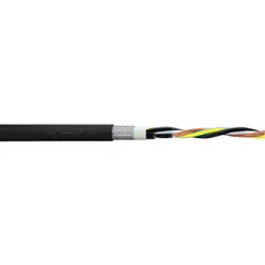 This continuous flexing power cable is designed for variable frequency drives in industrial automation. It features 4 copper conductors (8 AWG) with black and white numbering, a TPR jacket, and an integrated ground. Rated at 1000 V and coolant resistant, it meets cRUus standards with minimum bend radius factors of 4 x OD (fixed), 6 x OD (flexible), and 7.5 x OD (e-chain). Suitable for e-chain, fixed, and flexible routing applications.