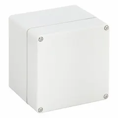 This WIEGMANN nonmetallic enclosure is made of polycarbonate and measures 4 in x 4 in x 4 in. It features a solid cover secured with screws and is rated NEMA 4X for corrosion resistance and washdown environments. No knockouts are included. Typical applications include protecting electrical controls, terminals, and instruments in indoor or outdoor settings requiring protection against moisture and corrosive agents.