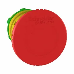 Maintained-action mushroom-head push-button operator from the XB5 series. Features a red non-metallic actuator with 22 mm mounting. Used in industrial control panels for functions requiring latching operation, such as emergency stop or start, where the button stays depressed until manually reset.