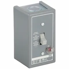 Enclosed non-reversing manual motor starter with thermal overload protection. Single-pole design rated for 16 A. Operated by a toggle switch for on/off control. Requires one thermal unit (not included). Suitable for protecting single-phase motors in applications such as conveyors, pumps, and fans.