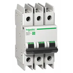 3-pole miniature circuit breaker with C-curve trip characteristic, rated 4 A and 14 kA interrupting capacity at 120/240 V AC. UL489 listed for DIN rail mounting. Screw clamp terminals. Suitable for overcurrent protection in branch circuits and equipment in industrial and commercial electrical panels.
