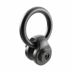 This side-pull pivot and rotate hoist ring is designed for lifting and pulling operations. Constructed from black oxide-coated steel with a 5/8"-11 thread size, it has a maximum capacity of 2,500 lb. Suitable for industrial rigging and machinery handling applications requiring a swiveling attachment point.