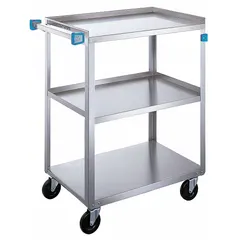 Open stainless steel utility cart with three shelves and a 500 lb max load capacity. Overall height is 32 1/8 inches. Equipped with four swivel casters for maneuverability. Suitable for transporting supplies and equipment in commercial kitchens, hospitals, and industrial facilities.