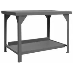 Fixed-height steel workbench with a lower shelf for storage. Measures 48 inches by 30 inches with a gray finish. Overall load capacity of 12,000 lb. Suitable for heavy-duty assembly, maintenance, and fabrication tasks in industrial environments.