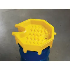 This polyethylene drum funnel is designed for use with 55-gallon drums. It features a 3/4 in NPT connection and measures 28 in x 9 in. The funnel is yellow and comes without a lid or flame arrester. Typical applications include transferring liquids into drums in industrial fluid handling and waste collection.