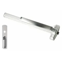 Rim-type exit device with touchbar style, designed for doors up to 4 ft wide. Chrome finish with thumbpiece pull outside trim. ADA compliant for commercial egress applications.
