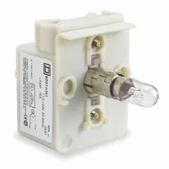 Lamp module for use with 9001K series selector switches. Includes a clear incandescent bulb rated 120 V AC with an integrated transformer. Features screw clamp terminals for secure wiring connections. Provides visual indication in industrial control panel applications.