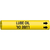 This snap-on pipe marker identifies lube oil lines in industrial piping systems. The yellow background with black legend and directional arrows provides clear indication of pipe contents and flow direction. It fits pipe outer diameters from 1-1/2 to 2-3/8 inches and is supplied as a single marker