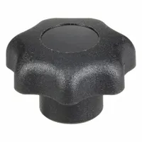 This 7-arm knob features a 25 mm diameter plastic body with a steel threaded insert. It has a 1/4"-20 thread size and 10 mm thread length. Designed for manual adjustment and clamping on industrial machinery, jigs, and fixtures, the multi-arm shape provides multiple hand positions for controlled torque application