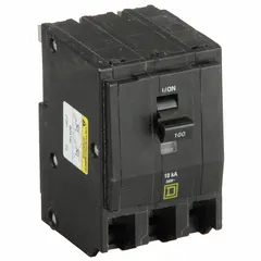 Three-phase miniature circuit breaker rated 100 A at 120/240V AC with a maximum interrupting rating of 10kA. Plug-in design for use in QO Load Centers and NQ Panelboards. Provides overcurrent protection for branch circuits in electrical distribution systems.