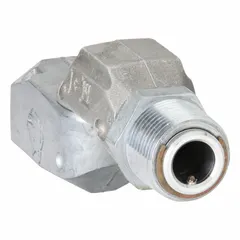 This non-reconnectable swivel connector features an aluminum body with fluorocarbon wetted materials for kerosene compatibility. It has a 3/4 in FNPT female inlet and a 3/4 in NPT discharge with male and female ends. Used in fuel-handling systems to allow flexible hose connections.