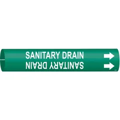 Snap-on pipe marker for identifying sanitary drain lines. Green background with white legend and directional arrows. Fits pipe outer diameters from 1-1/2 to 2-3/8 inches. Supplied as a single marker.