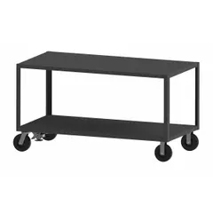This fully assembled steel-top mobile worktable features a powder-coated top and frame with welded-only construction. It has a fixed height and is mounted on phenolic casters with plate mounts for mobility. With a 5,600 lb overall load capacity, it is suited for heavy-duty industrial assembly, maintenance, and material handling tasks in workshops and factories.